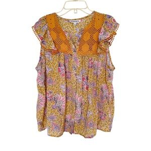 Nanette Lepore Embroidered Floral Blouse Flutter Sleeve Boho